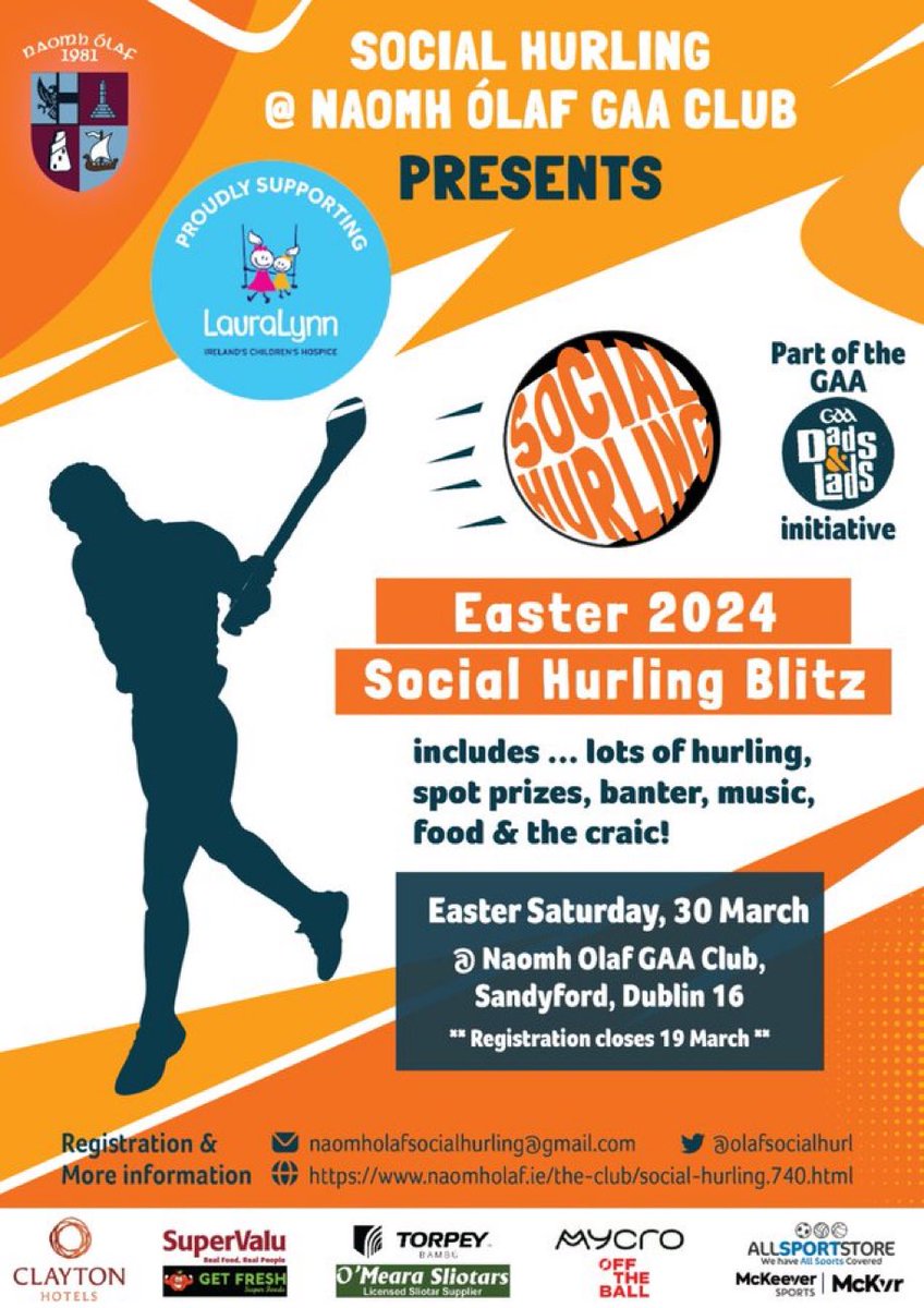 Dust off the Hurley’s & get registering for Naomh Ólaf GAA Dads & Lads social hurling blitz Saturday 30th March. A day great day of craic & banter with some hurling too! #GAAdadsandlads