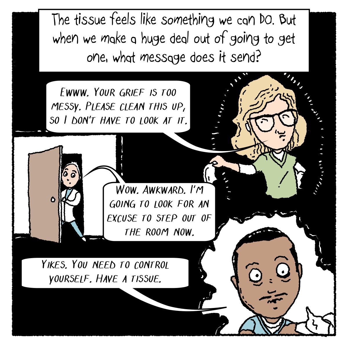 Re-sharing this comic with a lesson I learned from social work superstar <a href="/LeffVickie/">Vickie Leff</a> in honor of #SocialWorkMonth ! Learn how to sit with grief. #hapc (1/2)
