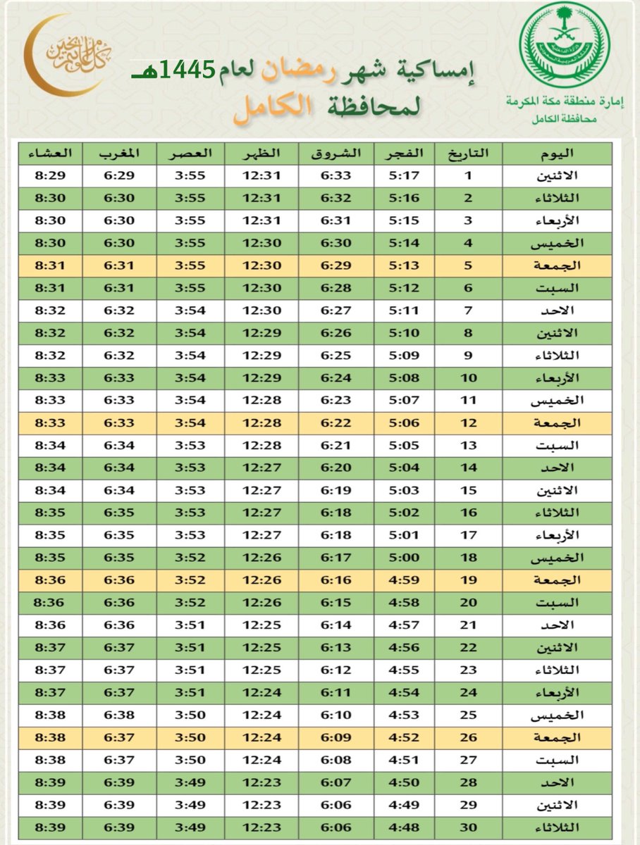 إمساكية شهر #رمضان 
لمحافظة #الكامل
