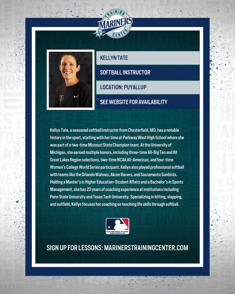Softball Instructor Spotlight! 🌟 Kellyn Tate | 📍 MTC Puyallup Specializing in hitting, slapping, and outfield Book a lesson with her today! 👉 marinerstrainingcenter.com/lessons/