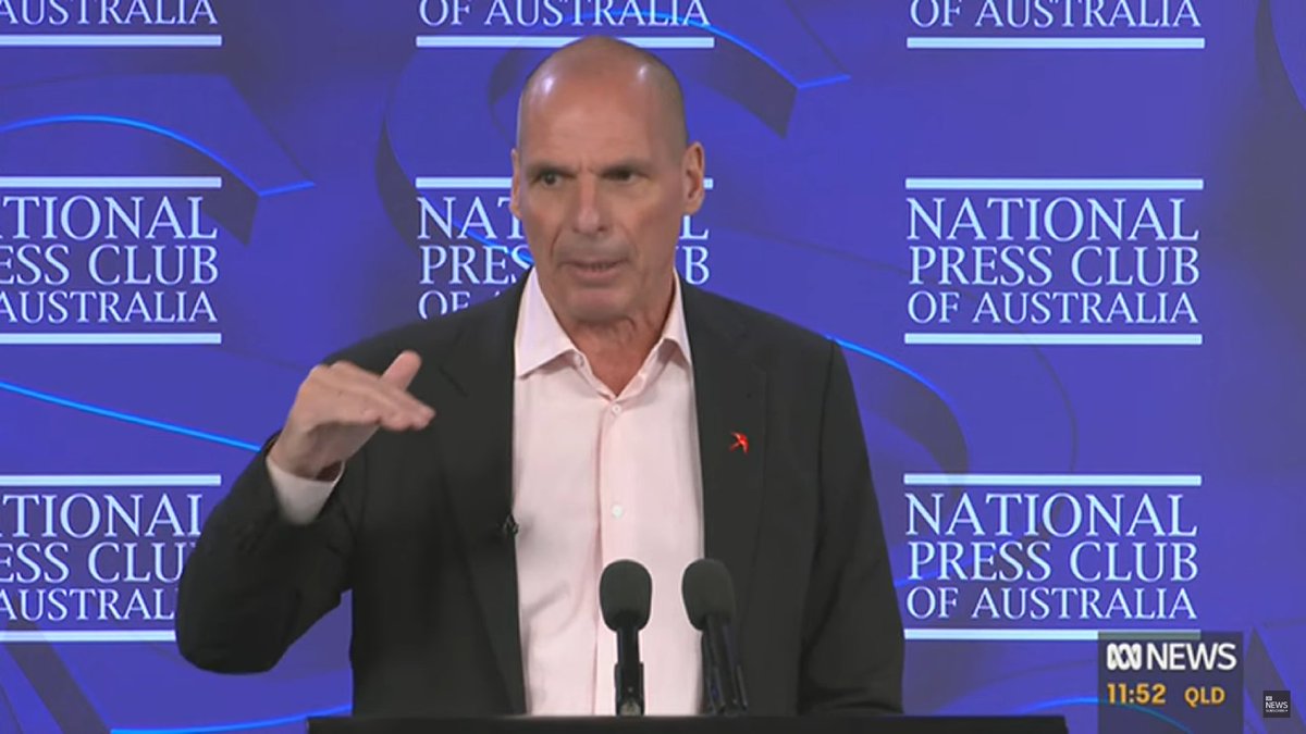 TheAusInstitute's tweet photo. "Ditch the old business model of banking on holes &amp; homes."

"That’s a Ponzi scheme whose maintenance will result in a country marred by low productivity, debilitating inequality, high inflation &amp; low wages."

@yanisvaroufakis at #NPC today #auspol https://t.co/BPx3TTtZbX