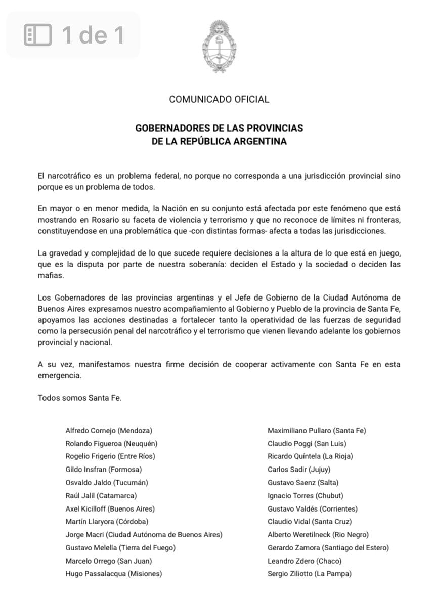 Atentos los gobernadores apoyan a #Pullaro #RosarioSangra