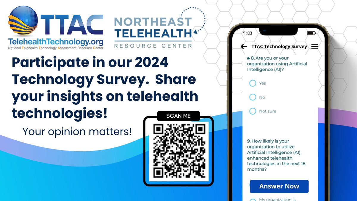 NortheastTRC's tweet image. Calling all telehealth tech enthusiasts! 📱 Share your knowledge in the TTAC 2024 Technology Survey. What telehealth technologies are you currently using, &amp;amp; what would you like to learn more about? Let's shape the future together! survey.sogolytics.com/r/aO2ixn  #TechTrends #SurveyTime
