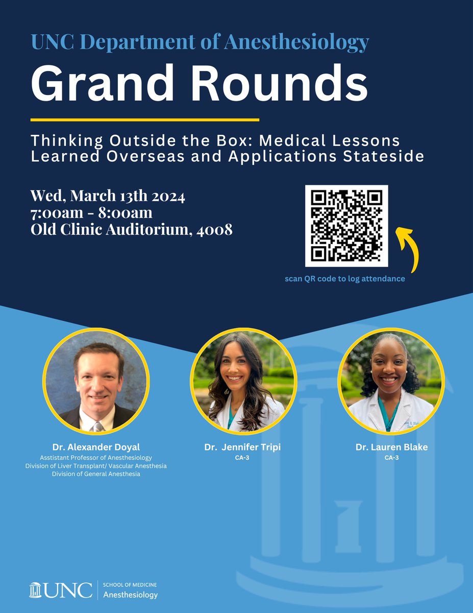 Join @UNC_Anesthesia for Wed 3/13 #GrandRounds to hear #UNCGlobalAnesthesia alums discuss translational anesthesia practice from Feb/March travels to Malawi! @UNC_SOM @jphelps29