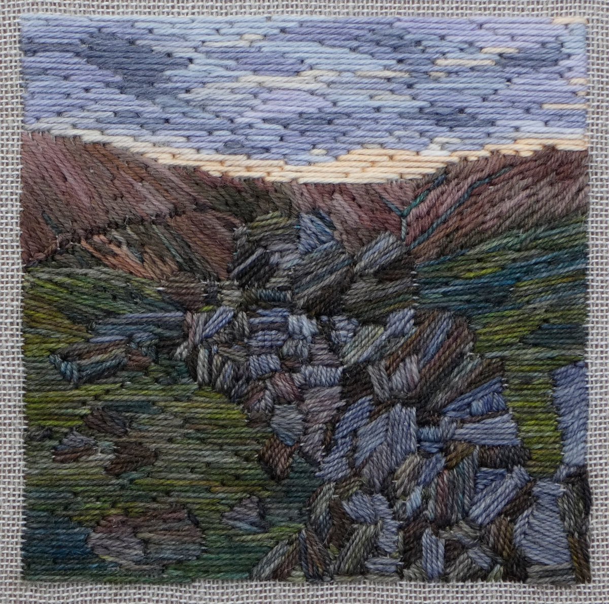 I might be a bit hit & miss on here atm as I had my second hip replacement last week. Doing OK though, so in celebration of nearly a week post op here is a decent picture of my latest piece, Last of the Light Edale #PeakDistrict #Edale #TextileTuesday #FineArtInStitch #TextileArt