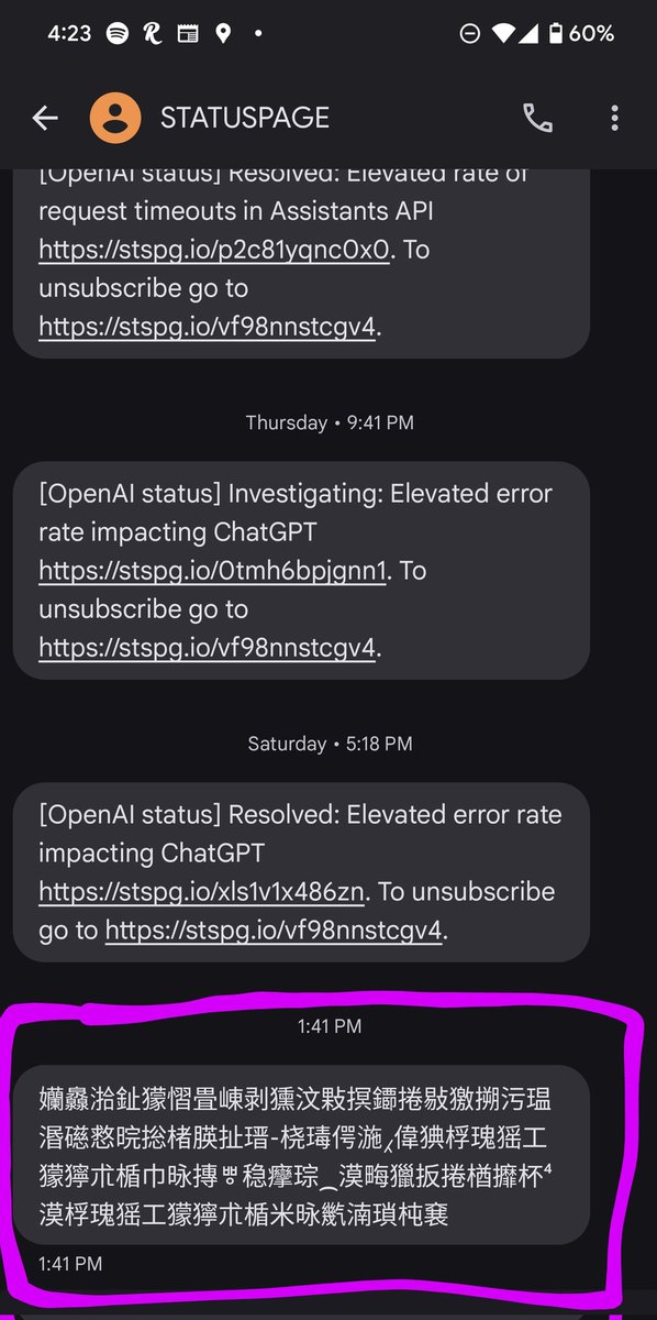 geekykidstuff's tweet image. I got this SMS in Chinese from @OpenAI status page (by @Statuspage ). Any idea wtf was that?
