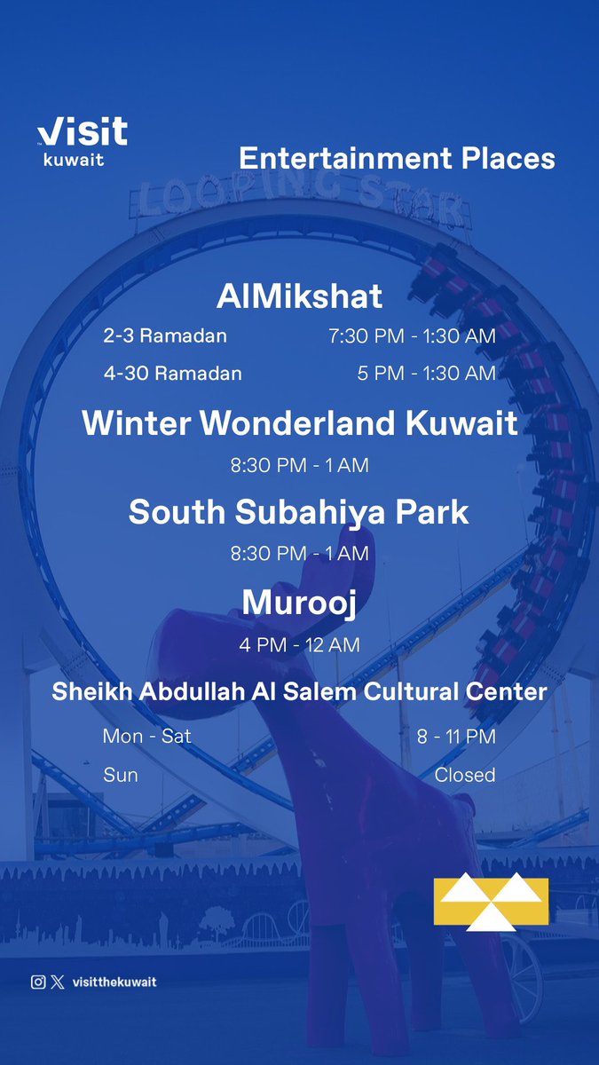 Official working hours in Ramadan for entertainment places and Malls 🌙

#VisitKuwait