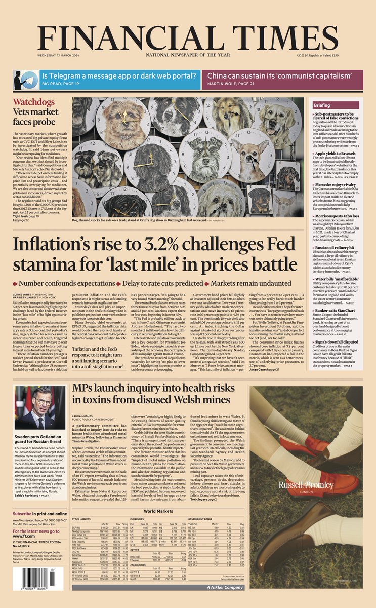 Just published: front page of the Financial Times, UK edition, Wednesday 13 March on.ft.com/49LLqUs