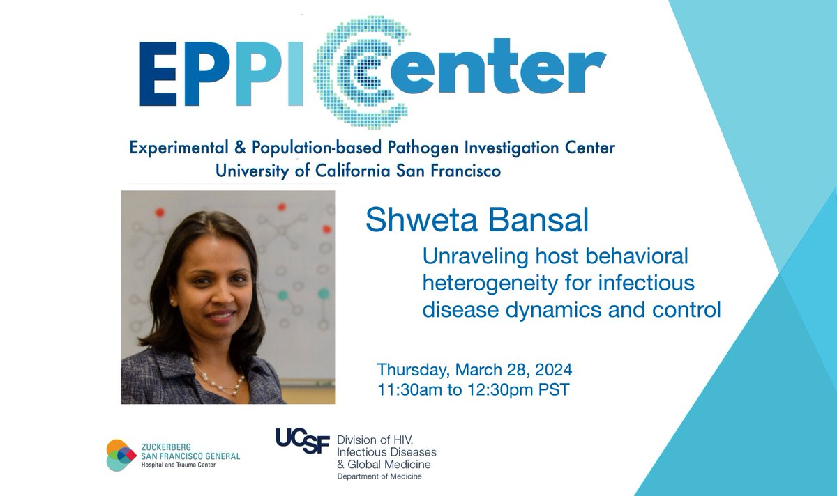 EPPIcenter seminar: <a href="/bansallab/">Shweta Bansal</a> Shweta Bansal- Unraveling host behavioral heterogeneity for infectious disease dynamics &amp; control
Thursday, March 28, 2024 11:30am to 12:30pm PST
calendar.ucsf.edu/event/eppicent…