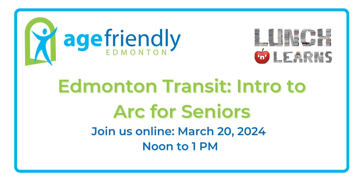 Join us online on March 20th for our next Lunch 'n' Learn  on the topic of Edmonton Transit Arc Cards for Seniors!

Register here: us02web.zoom.us/meeting/regist…