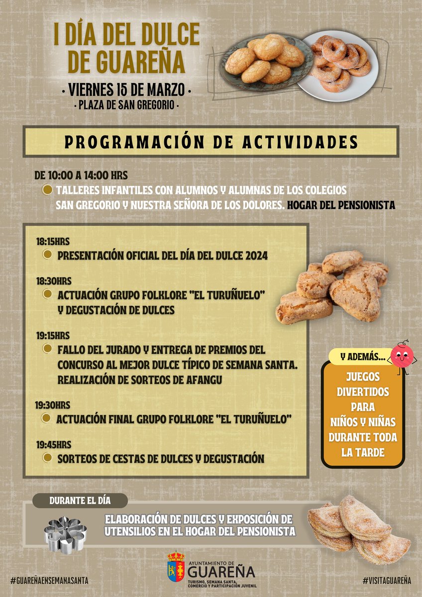 AytoGuarena's tweet photo. 🥧 Recordamos que #Guareña celebra este viernes su I Día del Dulce y conoceremos el Mejor Dulce típico de la Semana Santa de nuestro pueblo, tanto frito como horneado... 

Consulta toda la programación de actividades.

#GuareñaEnSemanaSanta #visitaGuareña https://t.co/eMRvhwoqe4