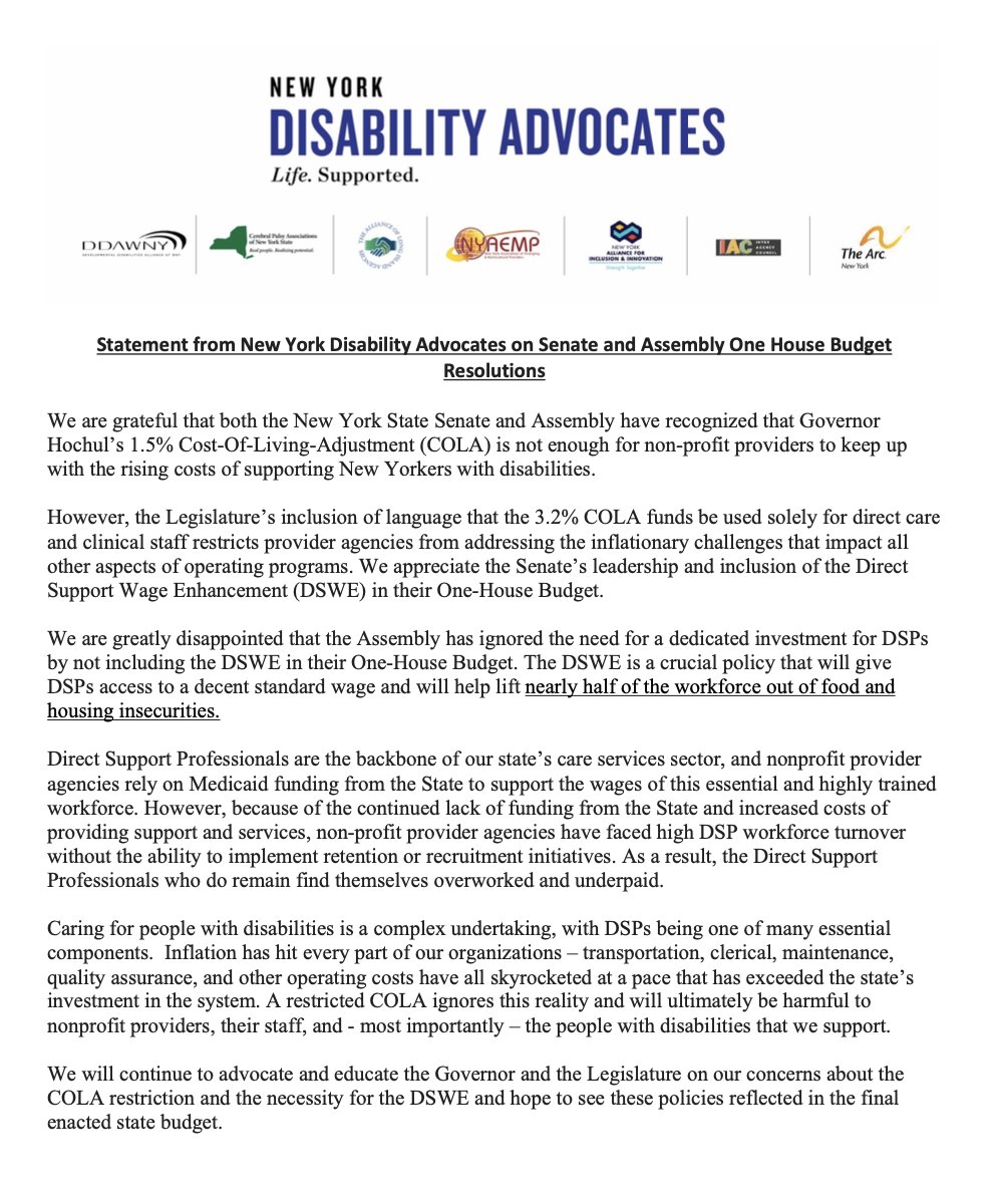 Our statement on the Senate and Assembly One House Budget Resolutions ⬇️

With HALF of DSPs in New York experiencing food and housing insecurity, the investments proposed today are simply not enough: bit.ly/3Pj0MrA