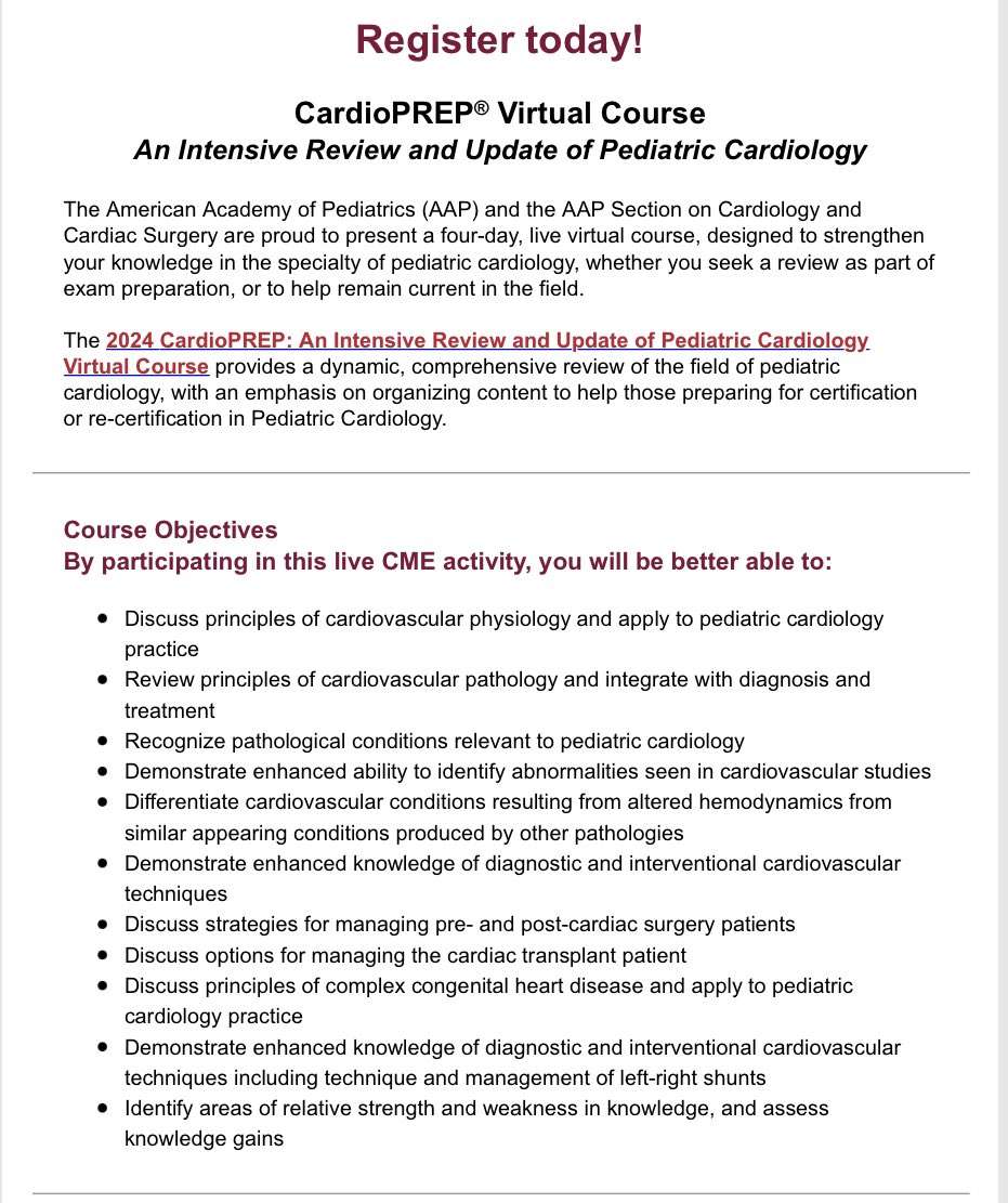 #CHD #tweetiatrician and #pedscards fellows the 2024 @PediaLink #AAP cardioprep course registration is now open. Anyone preparing for the boards or just wanting an in depth review in CHD should consider going! #ACHD #echofirst @AAPSOPT aap.org/en/catalog/cat…