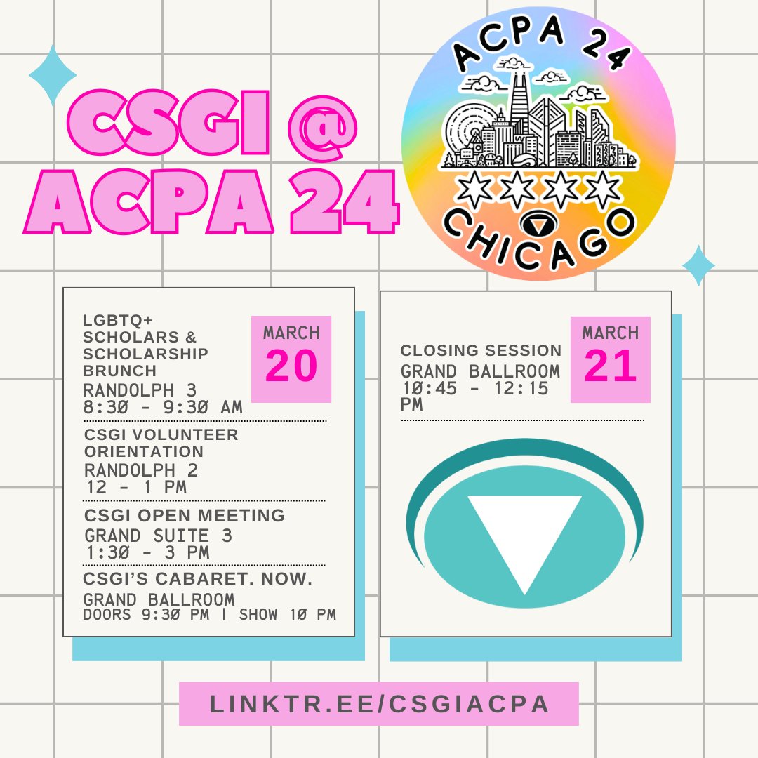 We are just about ONE WEEK AWAY from celebrating #ACPA100 in Chicago! You can find #CSGI throughout the week at these events!

#CSGIACPA #ACPA24 #CSGICabaret #CabaretNow #DinnerOUT #gaybrunch #BoldlyQueering #BoldlyTransforming #HigherEducation #ACPAChicago
