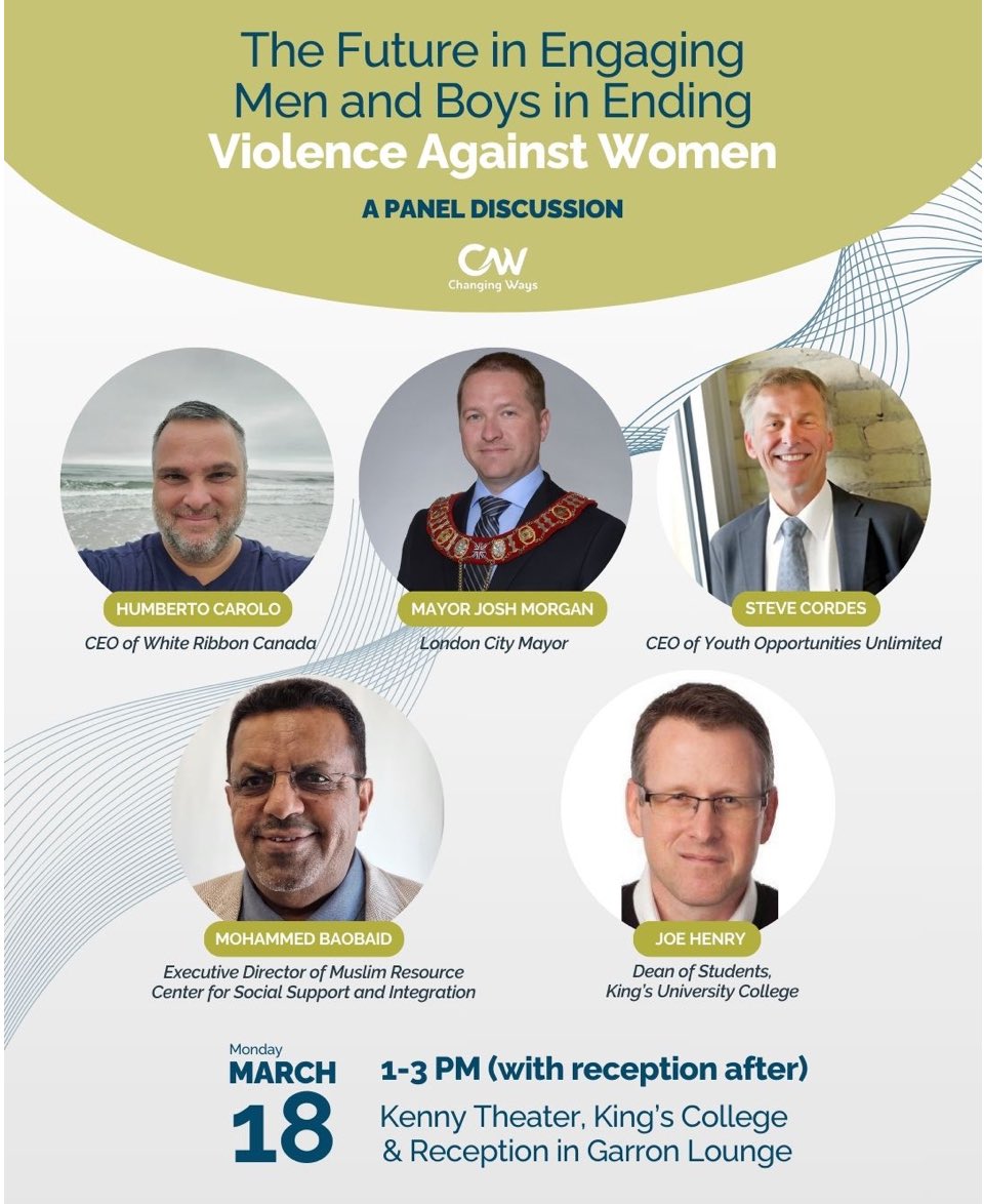 Look forward to this important panel conversation convened by @_ChangingWays on Engaging Men and Boys in Ending Violence Against Women, hosted at @KingsAtWestern on March 18th! Register today eventbrite.ca/e/community-co…