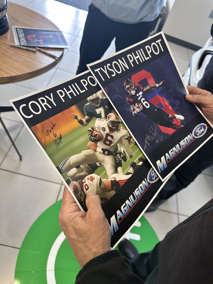 Thank you to Grey Cup champion @tysonphilpot for bringing the cup by our dealership today. His Dad @coryphilpot was with him as well. The only father and son Grey Cup champs in league history. Both wore #6 also. Best of luck Tyson! How good would this guy look in a Lions jersey?