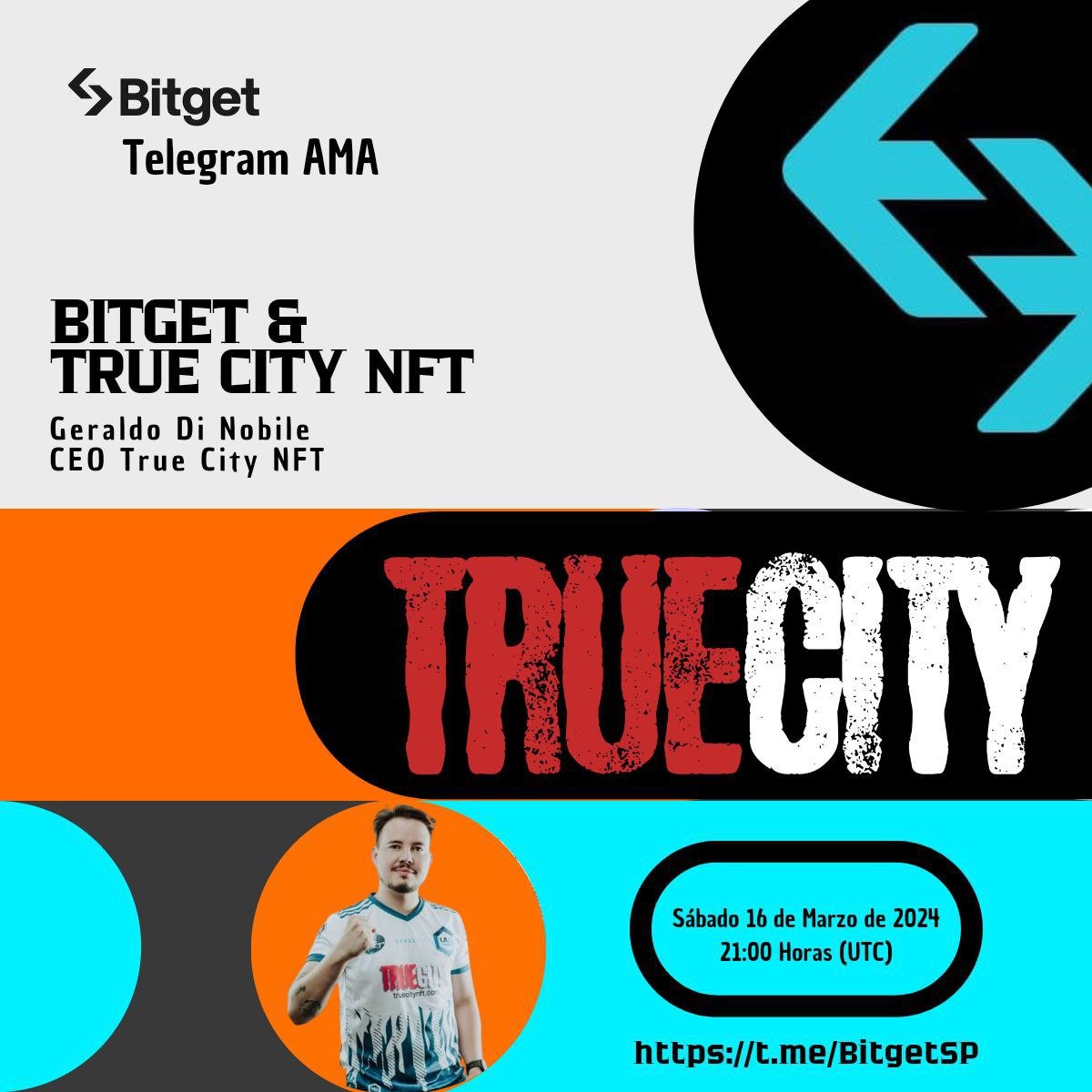 TrueCityNFT's tweet photo. 📣 BITGET & TRUE CITY NFT AMA

🪙 We're pleased to invite you to our next AMA on Telegram #Bitget&TrueCityNFT.

🛡 True City is an NFT Shooter Zombie Survivor video game aimed at creating an immersive and exciting gaming experience. It focuses on building a Virtual City where users can interact, compete, and explore in a unique digital environment. The game includes features such as integrations with the real world, tournaments, and a ranking system. With over 3 years in development, True City stands out for its focus on sustainability.

🎙Joining us is Geraldo Di Nobile, an expert with over 9 years of experience in cryptocurrency investments and 3 years as CEO of True City NFT. He is the founder of La 3 Online and La 3 Gaming, with a solid track record of 6 years in the video game market and in imports between China and Latin America.

🌐 PLACE: https://t.co/9XNqyFGc0c
📆 DATE: Saturday, March 16, 2024
⌛️ TIME: 21:00 (00 UTC) 🌏
5:00 PM - 🇧🇴🇻🇪🇵🇾
4:00 PM - 🇨🇴🇪🇨🇵🇪
3:00 AM - 🇲🇽🇸🇻
6:00 PM - 🇦🇷🇺🇾🇧🇷
22:00 PM - 🇪🇸

💎 We will have prizes for participants:
💵 100 BGB for 10 winners
💵 $50 USDT for the 5 best questions from the audience
💵 AIRDROP of $50 USDT for the 5 users registered with the following link and filling out the following form
💵 Users registered with the link will participate in an additional Airdrop of $10 in random tokens until 03/20/2024.

🩵 Link: https://t.co/X8EXjsdEyT

⚠️ To apply for the Airdrop, you must complete KYC verification and have 1000U trading volume.

🌐 Website: https://t.co/r1ZJdr7int
👍 Social Media:
➡️ https://t.co/sfsMXvTAL8➡️ https://t.co/hl2BvkKF4O
➡️ https://t.co/c4d3P8xcDr