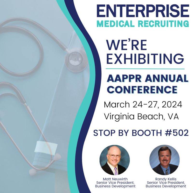 Heading to the AAPPR Annual Conference in a couple of weeks? If you are, be sure to swing by our booth! Matt Neuwirth and Randy Kellis, MBA will be available to assist you with any questions about Enterprise Medical Recruiting & provider recruitment. #AAPPR #AAPPRConference