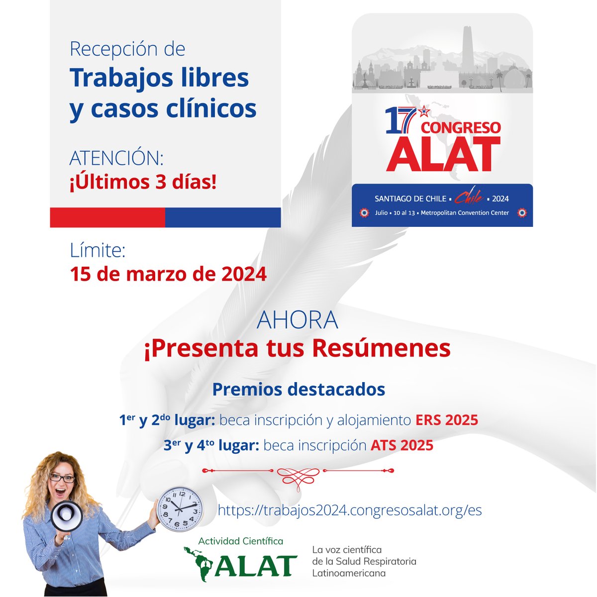 #ALAT2024 #LatinoaméricaInspira #ALATChile2024 #Chile #Neumología #CirugíaTorácica #SaludRespiratoria 🫁 ¡Esperamos tus Trabajos! Cierre: 15 marzo 2024 ¡Participa con tus mejores aportes junto a la mayor comunidad respiratoria latinoamericana! trabajos2024.congresosalat.org/es