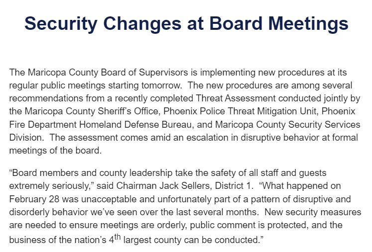 NEW: The Board of Supervisors is implementing new safety procedures for public meetings. “Board members and county leadership take the safety of all staff and guests extremely seriously,” said Chairman @jacksellers. Read more about the changes: maricopa.gov/CivicAlerts.as…