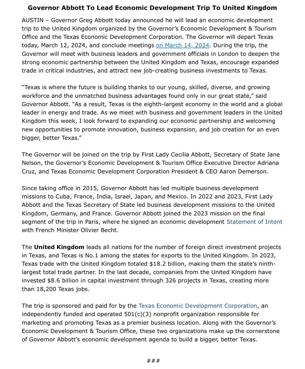 Texas is where the future is being built. Proud to announce our next Texas economic development trip destination: the United Kingdom. I look forward to expanding our economic partnership and creating new innovative opportunities with the British people this week.