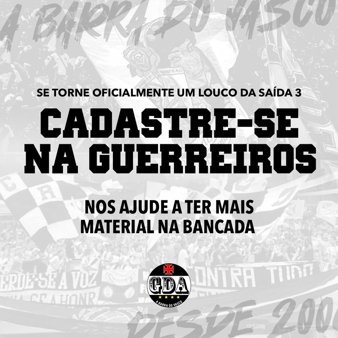 CADASTRE-SE NA GUERREIROS DO ALMIRANTE! 

Com o cadastro, você contribui para um aumento de bandeiras e instrumentos na arquibancada vascaína! 

forms.gle/FRWCCfKbMHNjHv…