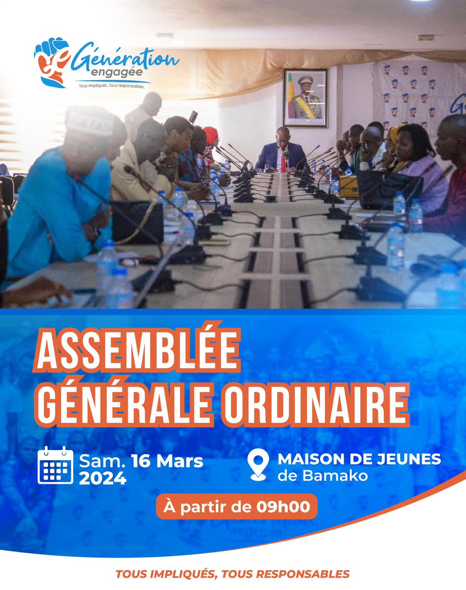 Assemblée Générale Ordinaire du Mouvement Génération Engagée le 16 Mars 2024 à la maison des jeunes de Bamako : Un nouveau chapitre s'écrit pour notre mouvement, ensemble vers un avenir prometteur ! 💫
#TousImpliqués_TousResponsables #AGMouvementGénérationEngagée