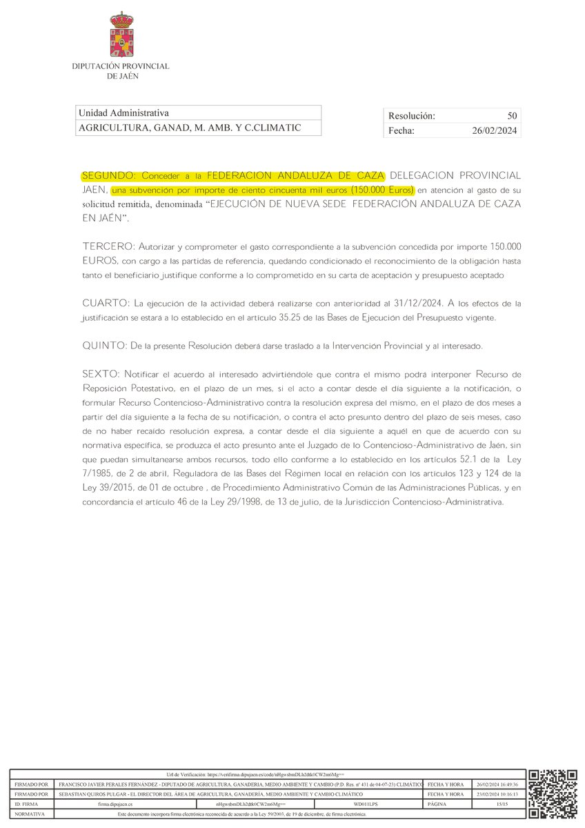 💼 La <a href="/dipujaen/">Diputación de Jaén</a> ha concedido una #Subvención a la <a href="/andaluciacaza/">Federación Andaluza de Caza</a> por un importe de 150.000 €

💰 El total de #Subvenciones públicas percibidas por la <a href="/andaluciacaza/">Federación Andaluza de Caza</a> entre el 30/11/2016 y el 04/03/2024 asciende a 434.982,48 €

#SubvencionesALaCaza