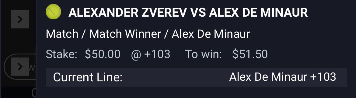 ChefTaco3's tweet photo. De Minaur ML live. Will be looking for better odds depending how these first few points go https://t.co/4DjJNLkjET