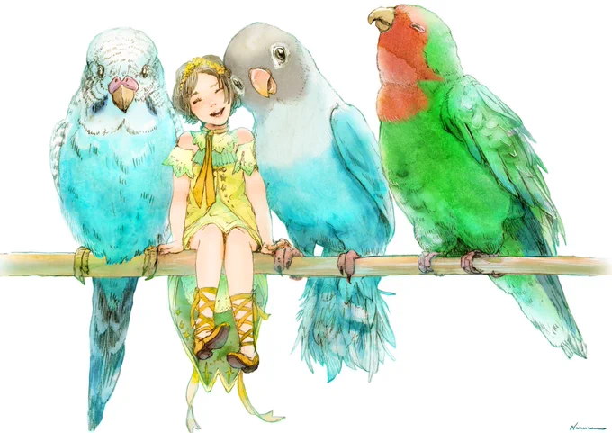 お茶目なインコが描きたかった作品です。お洋服もインコインスパイア『colorful』シャープペンシル/透明水彩/Photoshop#illustration #イラスト 