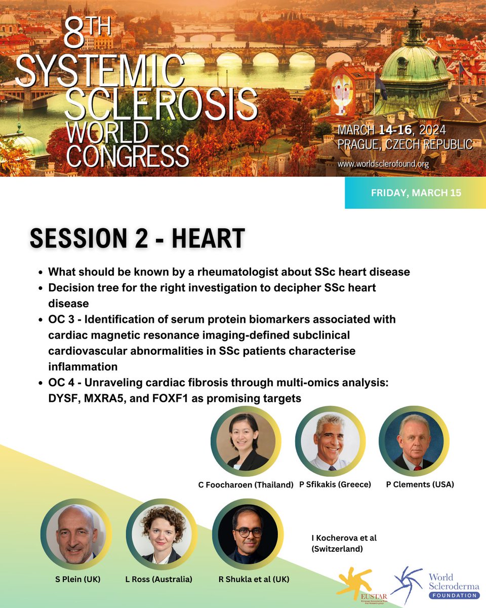 Worldsclerofnd's tweet image. 🌟 Kicking off Day 2 of the 8th World Congress on Systemic Sclerosis with insightful sessions covering ILD, Heart issues, and Vascular concerns in SSc.. #Prague2024 #SclerodermaResearch #SScWorldCongress #WorldSclerodermaFoundation #MedicalCongress