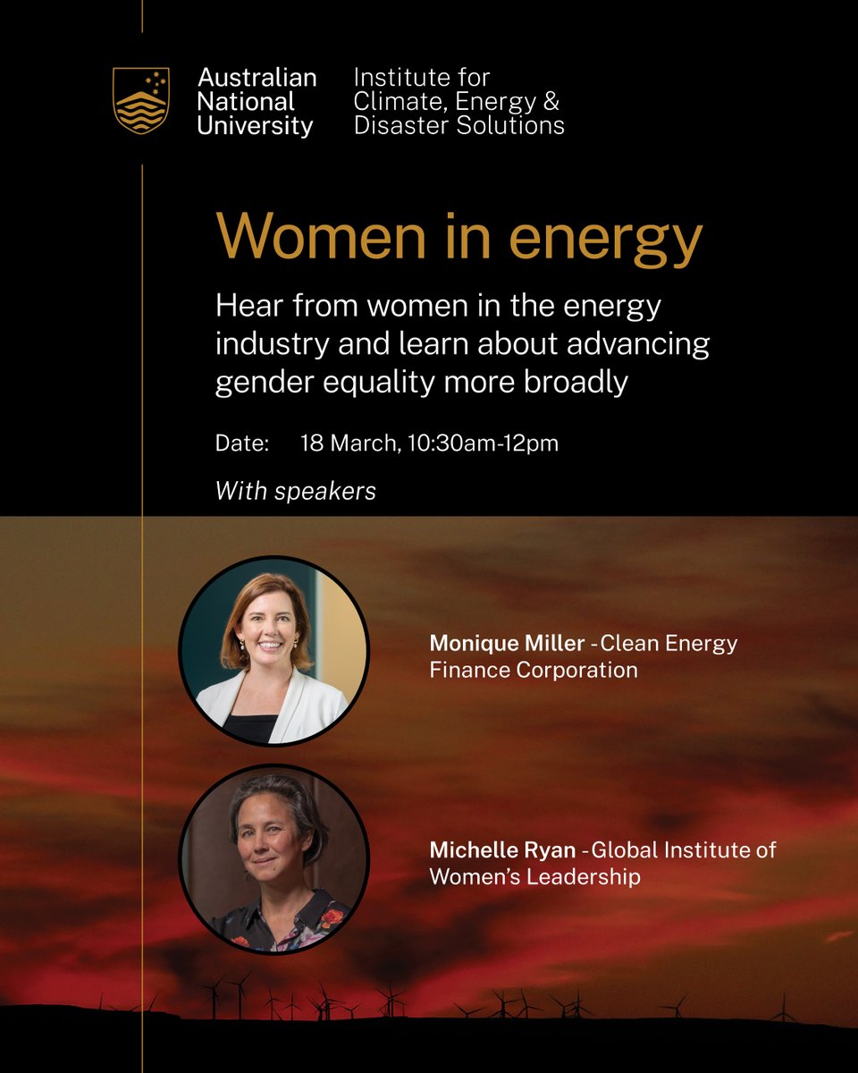 Event: Gender equality in the energy sector 🌱 Join @ANU_ICEDS to explore how to advance equality in the energy sector – and across all workplaces. You'll hear from our Director, @shellkryan, and @CEFCAus's Chief Investment Officer Monique Miller ➡️ ow.ly/Iq5k50QNemO