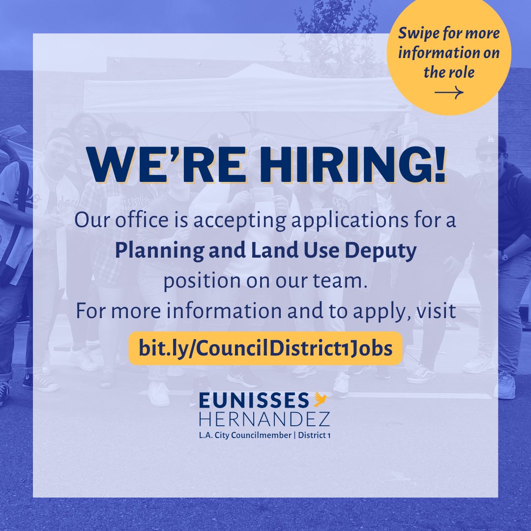 cd1losangeles's tweet photo. β Job Listing Announcement β
#TeamCD1 is now accepting applications for a Planning and Land Use Deputy! Swipe through for more information. The deadline to apply is Sunday, March 17th.
Apply today! https://t.co/8mSU2pqFWp https://t.co/77sLt7rwlR