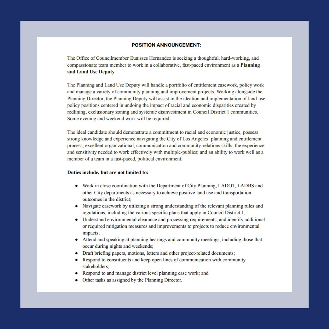 cd1losangeles's tweet photo. β Job Listing Announcement β
#TeamCD1 is now accepting applications for a Planning and Land Use Deputy! Swipe through for more information. The deadline to apply is Sunday, March 17th.
Apply today! https://t.co/8mSU2pqFWp https://t.co/77sLt7rwlR