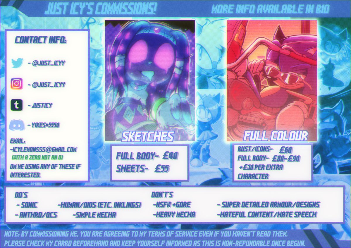 New sheet drop✨ I’m opening 3 slots up and likely more soon after so keep an eye out!

Check bio for more examples and dm me here or on any of the places listed below. 
(These are not exclusive to Sonic stuff btw😭)