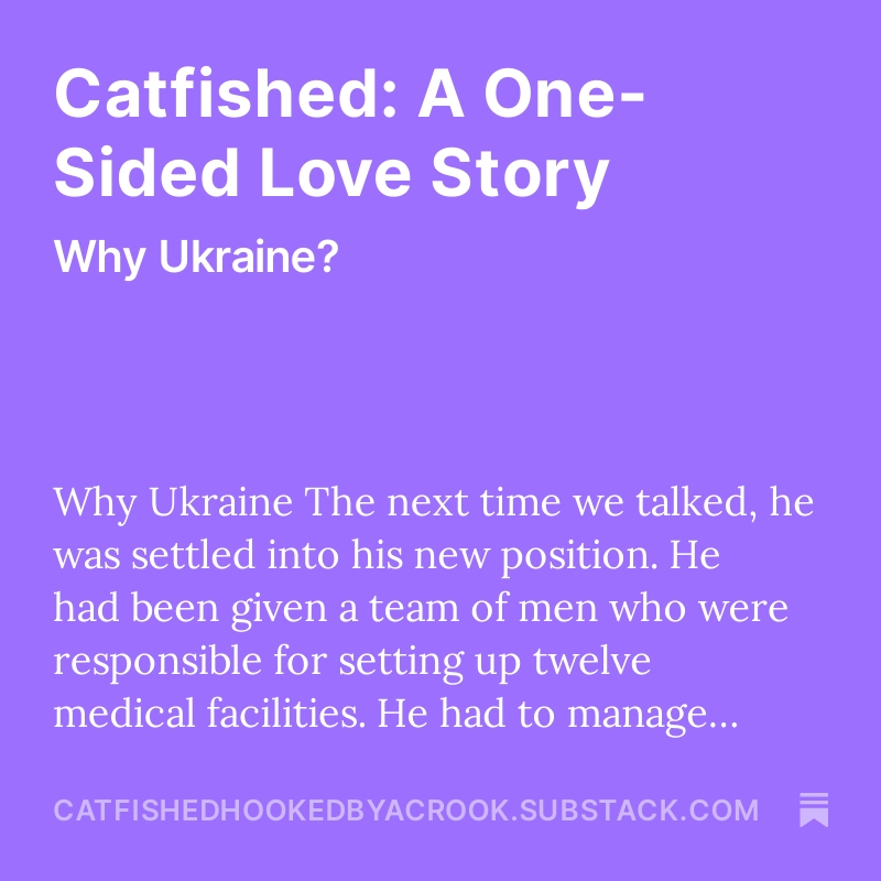 My next chapter of Catfished has just been posted to Substack, where I ask the Agent why he wanted to be transferred to Ukraine. I recommend you sign up soon if you're not a subscriber, as this will go to the publisher soon. Subscriptions are FREE.