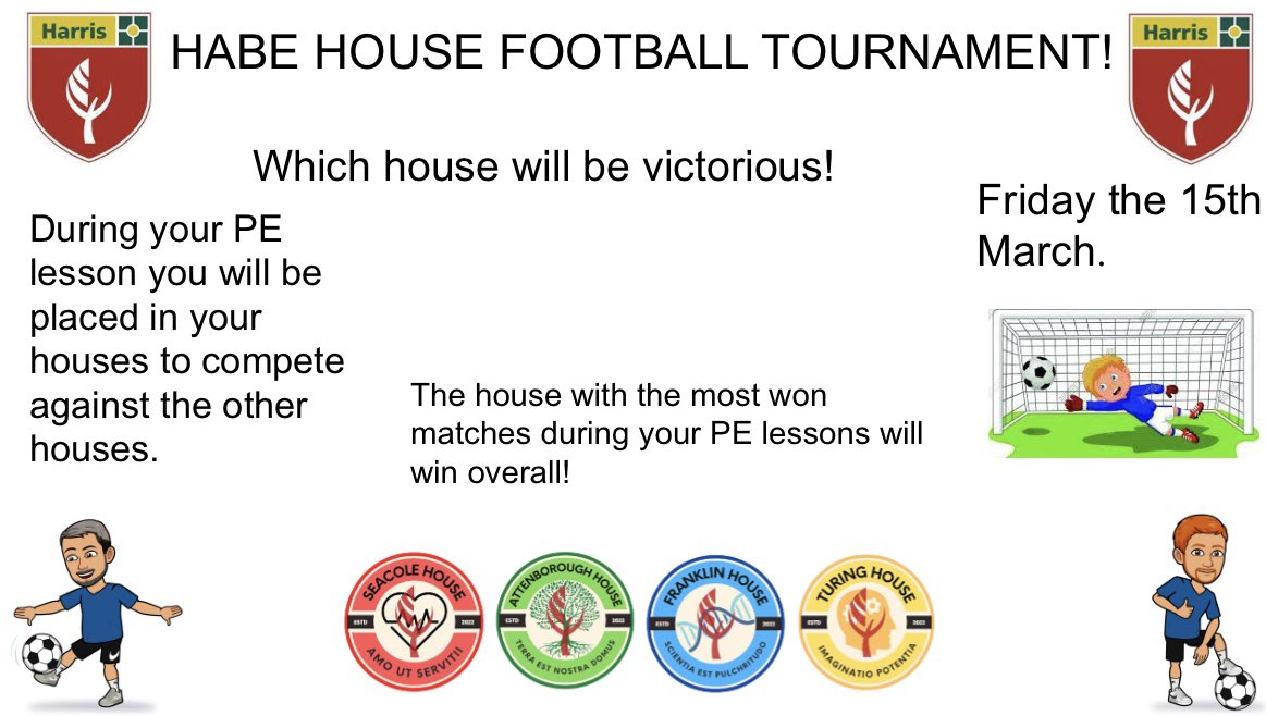 🚨 HABE COMIC RELIEF PLANS 🚨 

House competitions and lunch time activities start on Friday 15th March ⚽️🏸 

Please support the PE department as much as you can, come down and get involved! #HABEsport