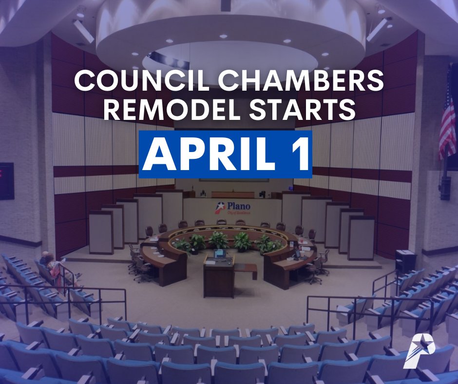 Renovations of the Senator Florence Shapiro Council Chambers begin Monday, April 1. The Planning & Zoning Commission and City Council meetings will be at Davis Library, 7501 Independence Parkway during construction. Learn more: share.plano.gov/CouncilChambers