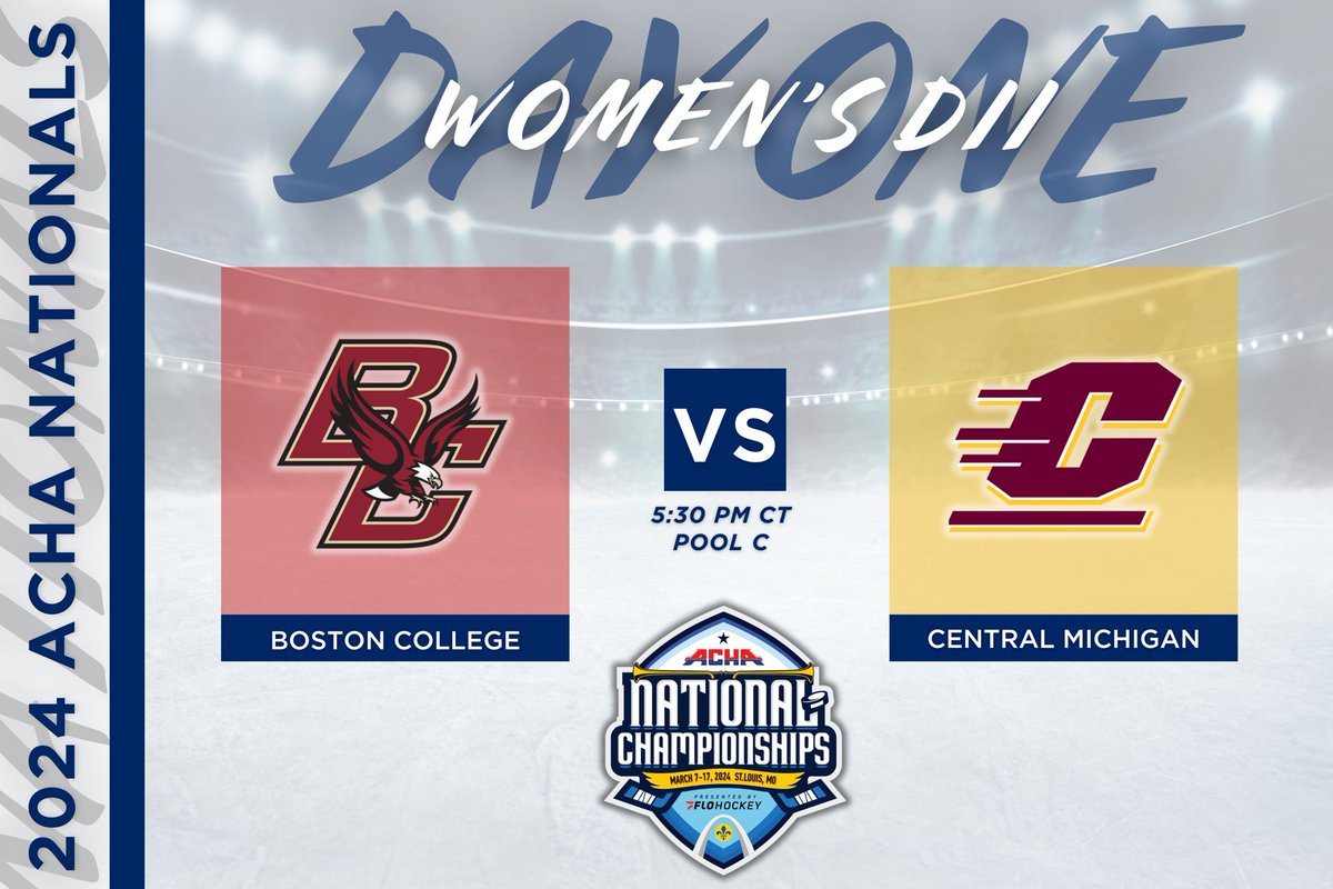ACHAWomensD2's tweet image. 𝗣𝗢𝗢𝗟 𝗣𝗟𝗔𝗬 𝗚𝗔𝗠𝗘 𝗦𝗧𝗔𝗥𝗧𝗜𝗡𝗚 𝗦𝗢𝗢𝗡
🏒 Boston College (away) vs. Central Michigan (home)
⏰ Time 5:30 PM CT
📍 Rink 1
🎥 flohockey.tv/live/97608?wat… @FloHockey 
#ACHANationals #ACHAW2