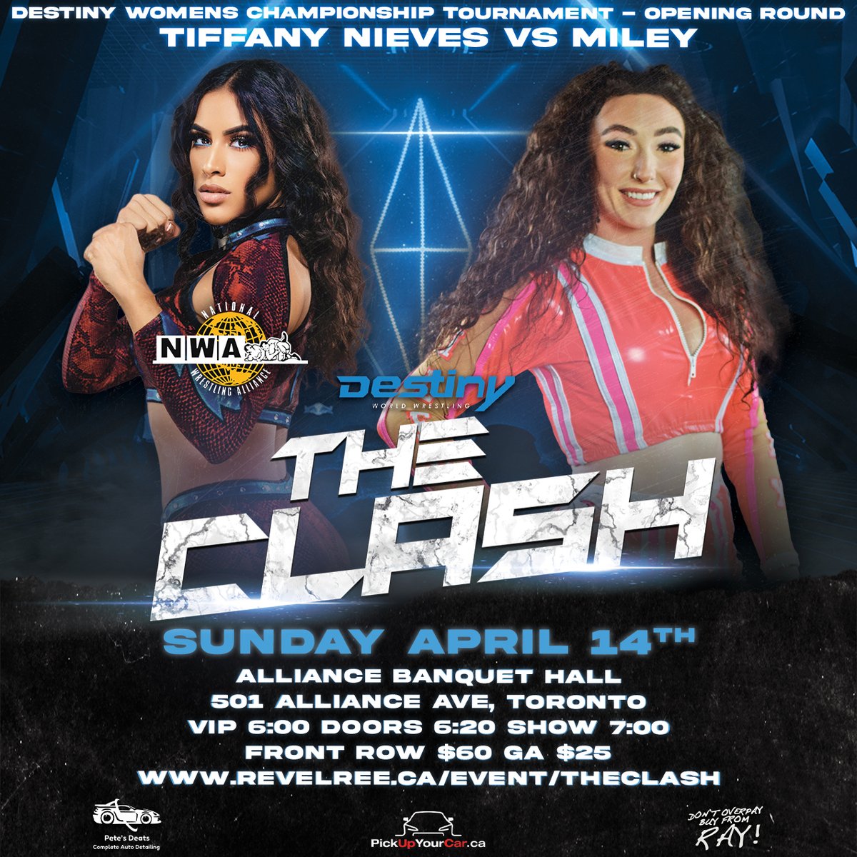 IT’S OFFICIAL - The Destiny Wrestling Women's Championship Tournament sponsored by #PetesDeats continues at The Clash when @nwa's own @TiffanyNieves_ goes one on one against @Mileywrestler in a Opening Round Match Up on April 14th at The Alliance Banquet Hall in Toronto! Less…