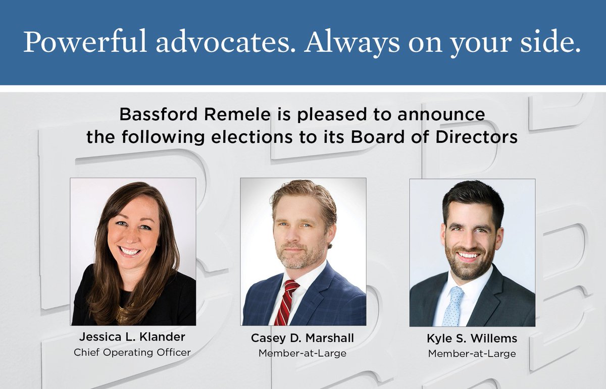 BassfordRemele's tweet photo. Jessica Klander elected COO; Casey Marshall and Kyle Willems elected to our Board of Directors. Their experience and leadership brings a fresh perspective to the firm and its clients.
https://t.co/9lQ3r9vmqs
#lawfirmleadership #attorneys #futureofexcellence https://t.co/dpvJNkpVJS