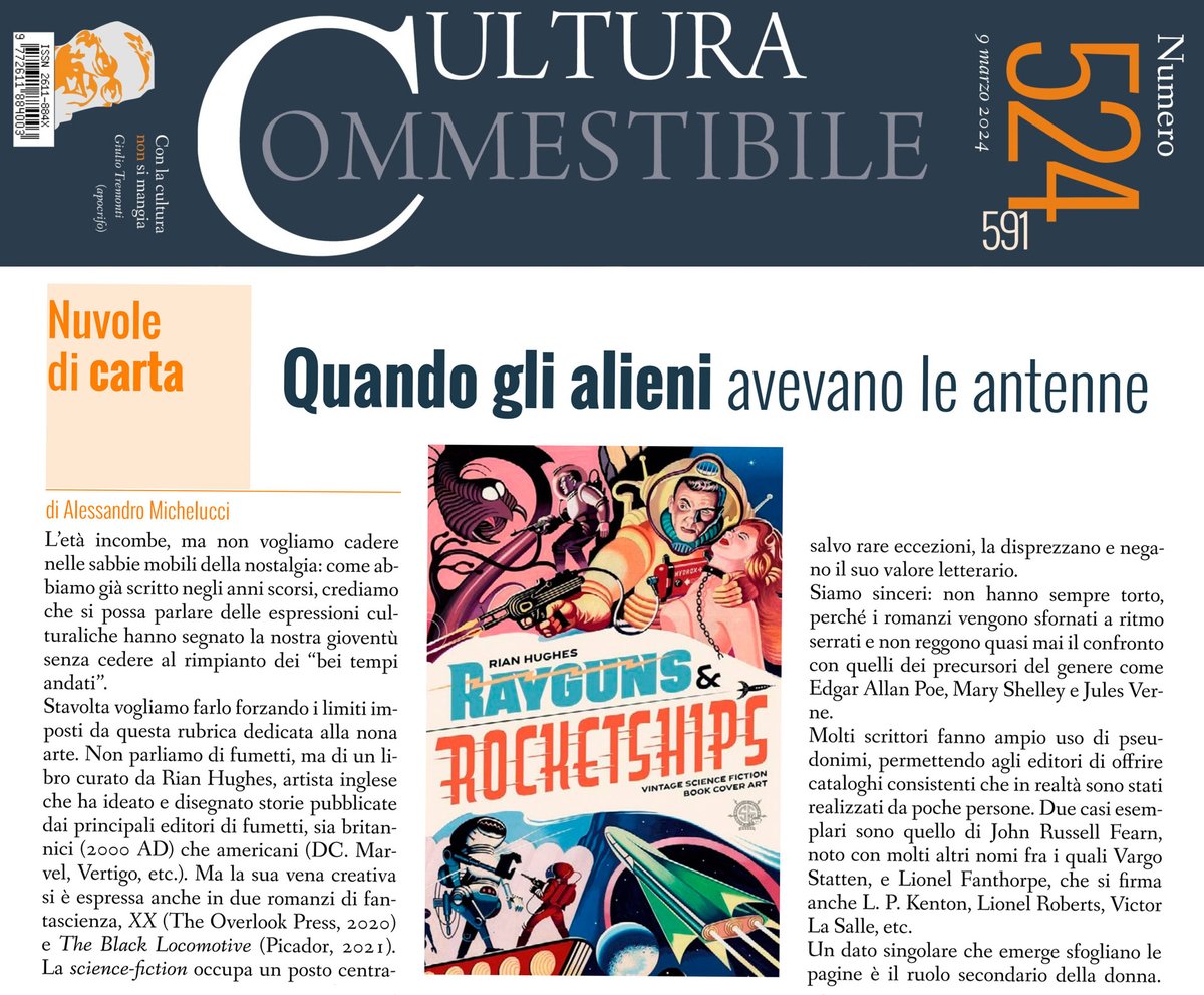 Excited to share our latest review for Rayguns and Rocketships in the Italian magazine Cultura Comestibile n. 524 by Alessandro Michelucci! 📚✨ #BookReview #CulturaComestibile #ItalianMagazine #Literature @rianhughes