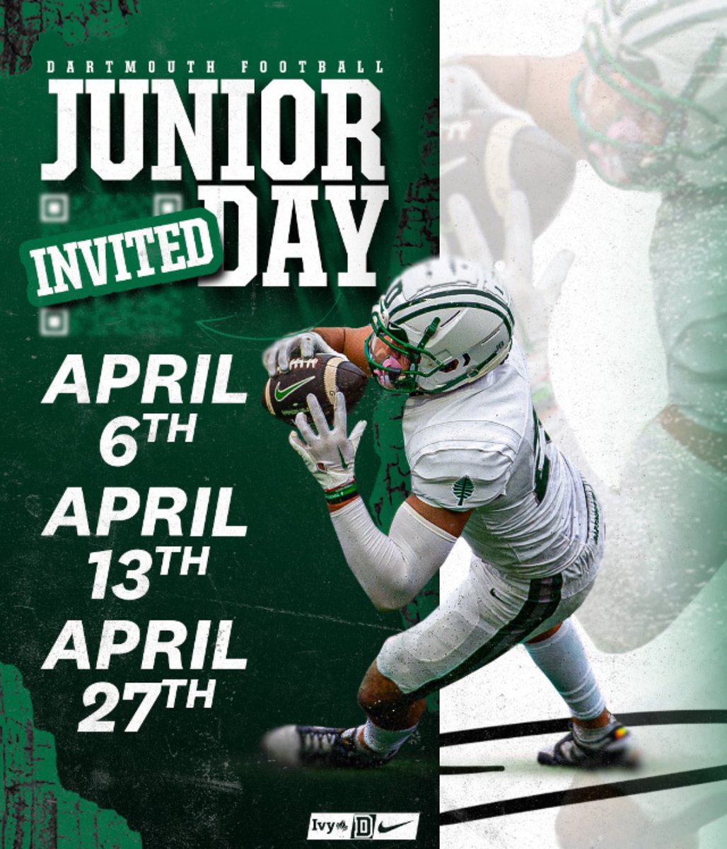 Thank you @CoachALarkins personally inviting me to @DartmouthFTBL Junior Day. I am excited to be at @dartmouthsports on April 6th learning about the school, campus, academics and the historic @coachierulli @247recruiting @RecruitGeorgia @On3Recruits @allkash95 @NEGARecruits