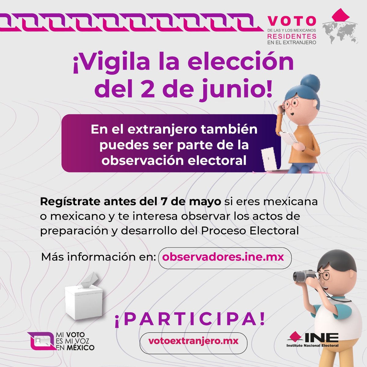 🌎 Si resides en el extranjero, ¡tú también puedes participar como observadora u observador electoral en las #Elecciones2024MX 🗳️! Regístrate en: observadores.ine.mx ¡Tienes hasta el 7 de mayo!