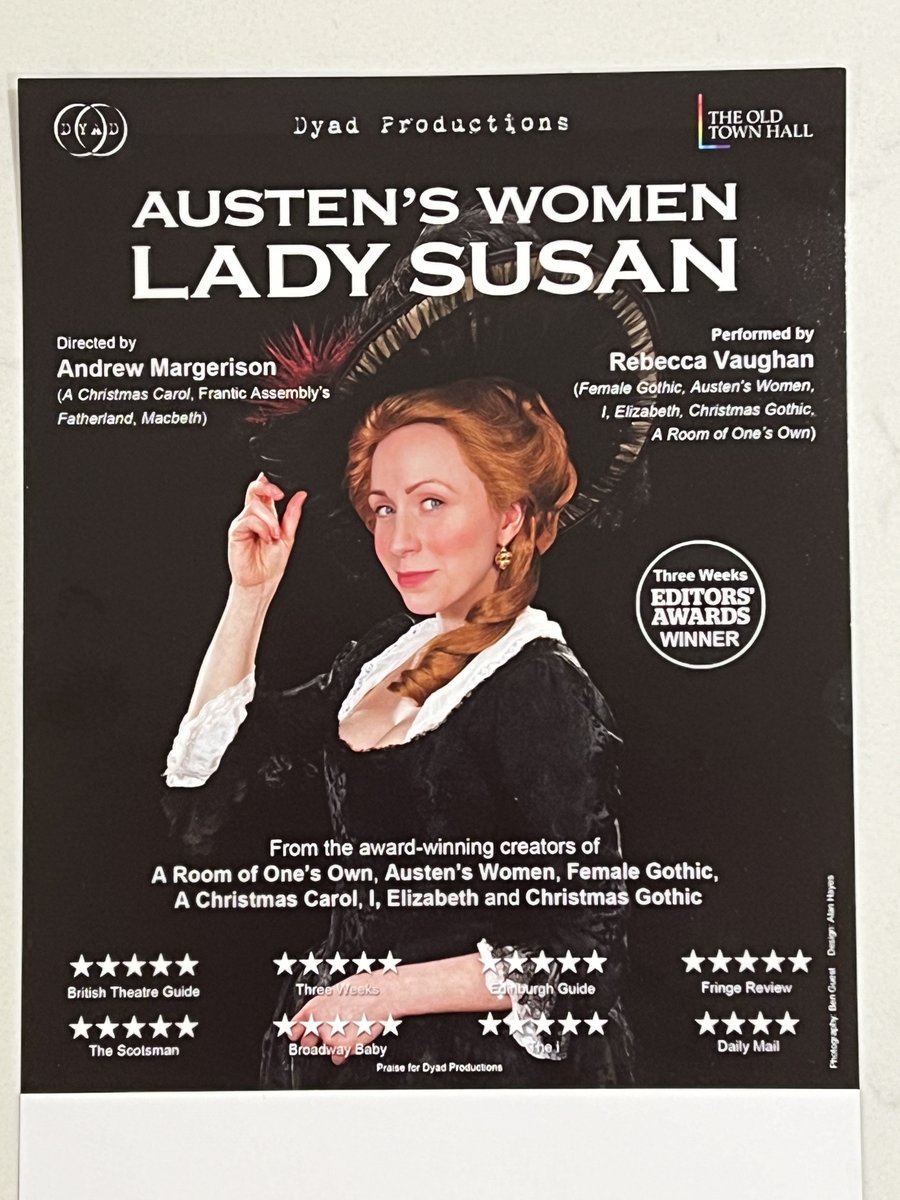 Brava to @_RebeccaVaughan for (yet another) virtuoso performance @OLTheatre, Bowness tonight. Based on Jane Austen's 1794 work, created entirely from letters - all voiced by this single, superb actor. Utterly fabulous! Catch @dyadproductions' upcoming performances if you can!
