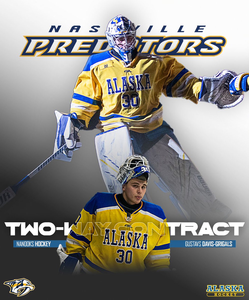 NanooksHockey's tweet photo. Congrats to former-Nanook goalie @gdgrigals on signing a one year, two-way contract with the @PredsNHL for the remainder of the 2023-24 season! 

📰 >> https://t.co/wWxNGllvv2

#NanookNation x #ProNooks https://t.co/dAC1498Ly5
