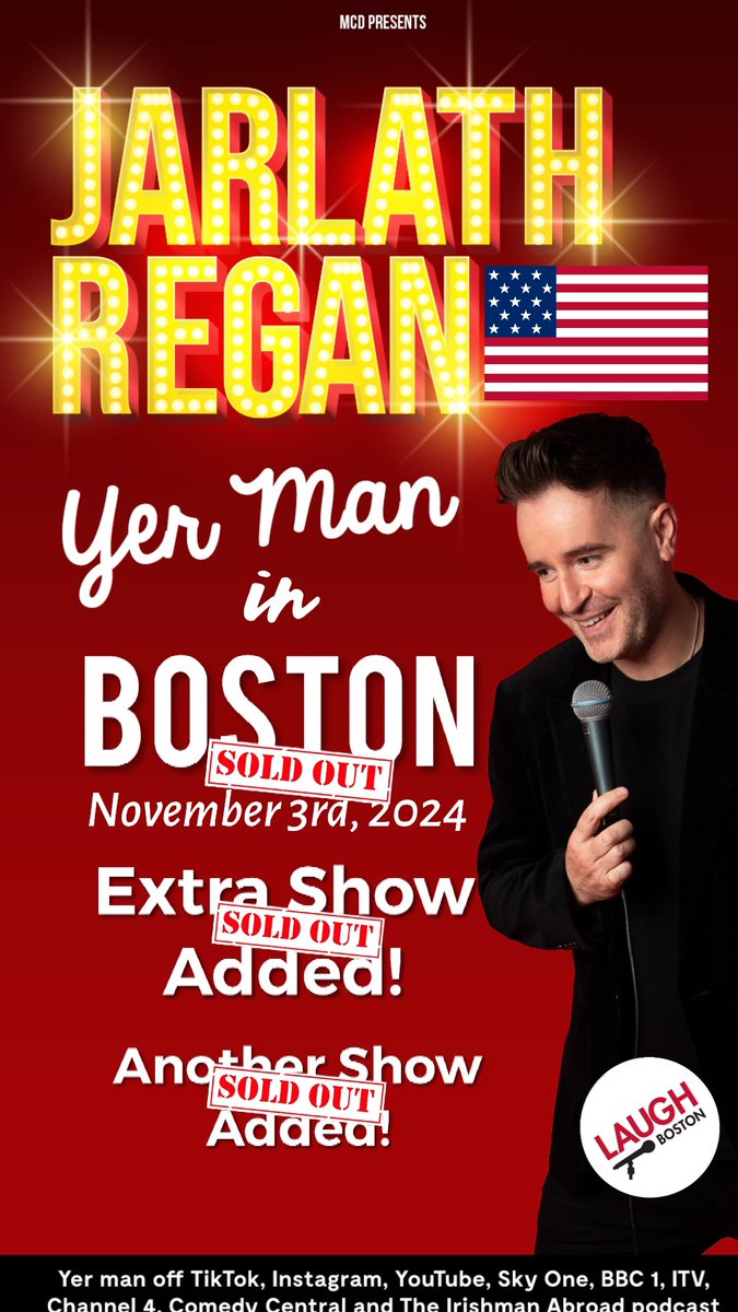 Jarlath's tweet photo. Last week I announced my first American show. It sold out in 24 hours so we added another and then another. The tickets are all gone now! Thank you Boston! See you in November. Chicago & New York! You’re next! #irishmanabroad #comedy #irishinamerica https://t.co/QjGDSRbQHa