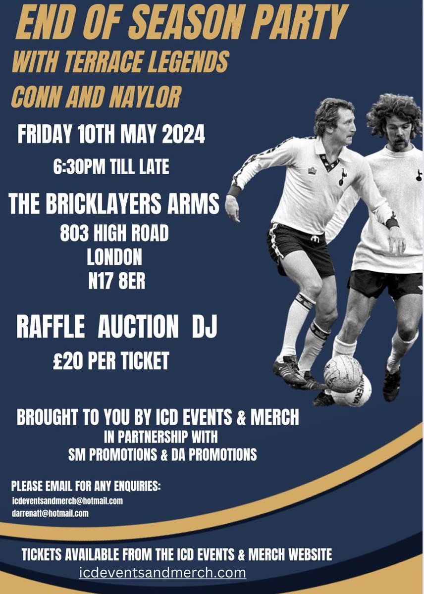 KiddRonnie's tweet photo. CONN &amp; NAYLOR 
May 10th 6.30pm till late 
Q&amp;A evening with these terrace legends of the 70s at The Bricklayers Arms N17 @Darren_attwood @SMpromotions61 https://t.co/0mygiiYOP8 #COYS #N17 #Tottenham https://t.co/IZp6e8g41e