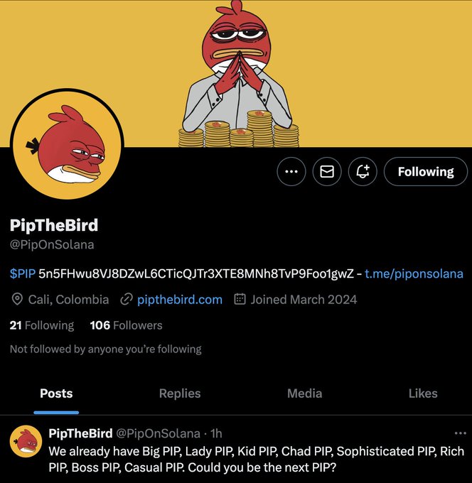 PipOnSolana @PipOnSolana   Just launched  its sending and trending  risky play DYOR NFA  #PIPONSOL #PIP<a class="tags" target="_blank" title="On Twitter" href="/?out=eyJ0eXAiOiJKV1QiLCJhbGciOiJIUzUxMiJ9.eyJpYXQiOjE3MjQ4ODgyNzEsImlzcyI6InR3cG9ybnN0YXJzLmNvbSIsIm5iZiI6MTcyNDg4ODI3MSwiZXhwIjoxNzU2NDI0MjcxLCJyZWRpcmVjdF91cmwiOiJodHRwczovL3R3aXR0ZXIuY29tL1BpcE9uU29sYW5hIn0.kpJjDhMTKQlwzC7bHN2ZLRlbZvZyYHlqwtUldpFFjaxRHD35RZ46A6fvsVxXqfWb8VwANgTshbZADxrM5wUC3g">@PipOnSolana</a><a href="/tag/pip"class="tags"><span>#pip</span></a><a href="/tag/piponsol"class="tags"><span>#piponsol</span></a>