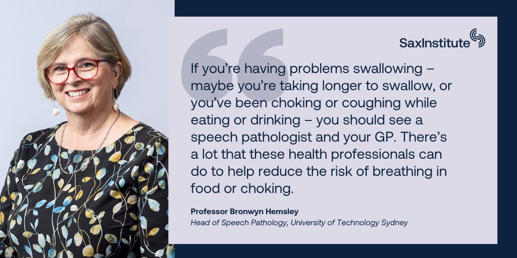 Today is #SwallowingAwarenessDay which highlights the silent struggle of many Australians with #dysphagia. In this Q &amp; A, Research Action Award winner Professor <a href="/BronwynHemsley/">BronwynHemsley</a> sheds light on the importance of addressing swallowing difficulties:
saxinstitute.org.au/news/swallowin…